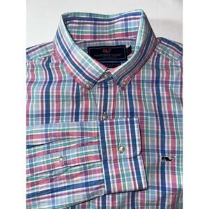 Vineyard Vines Whale Dress Shirt Slim Fit Pink Blue Plaid Size Small Men
